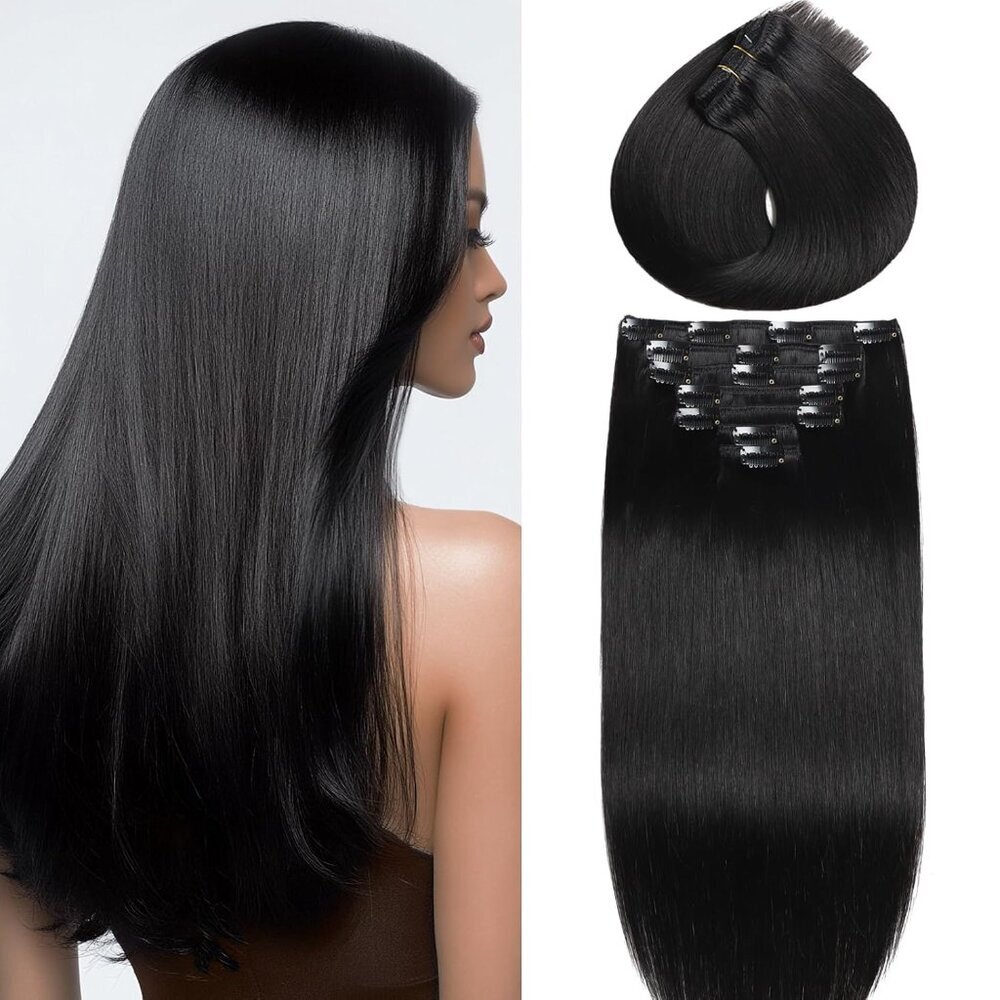 Clip In Hair Extensions Human Hair 20 Straight Natural Black Seamless Women